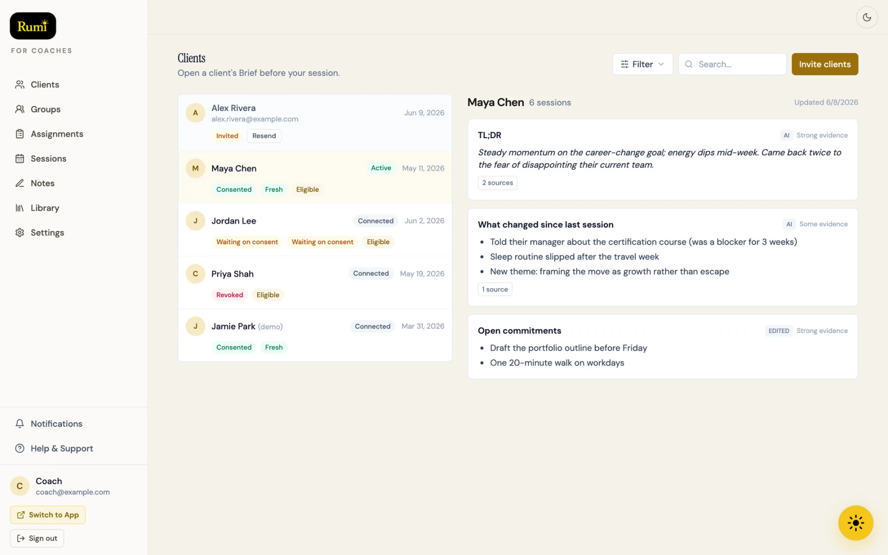 The Rumi coaching dashboard — every client's progress and an AI Brief, between sessions